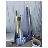 ASSORTED BROOMS, PUSH BROOMS, SNOW SHOVELS,