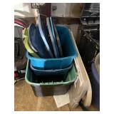 ASSORTED PLASTIC STORAGE BINS, TUBS W/ LIDS.
