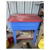 FLOOR STANDING PARTS WASHER, RED LID, BLUE BASIN,