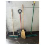 ASSORTED PUSH BROOMS, STRAW BROOM, SNOW SHOVEL.