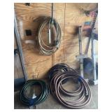ASSORTED AIR HOSES, EXTENSION CORDS, POWER STRIP.