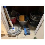 MOP, PLASTIC UTILITY BUCKETS, CLEANING BRUSHES,