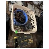 PLASTIC LAUNDRY BASKET, METAL AMMO CAN, PLASTIC