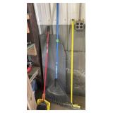 YELLOW TOP PUSH BROOM, LEAF RAKE, DUSTPAN W/
