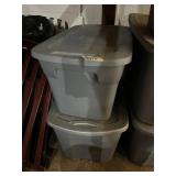 GREY PLASTIC STORAGE TOTES, LIDDED, W/ INTEGRATED