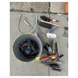 GRAY BUCKET W/ UTILITY BRUSHES, SCRUB BRUSHES,