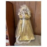 VTG PORCELAIN DOLL, BLONDE HAIR, GOLD GOWN W/