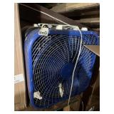LASKO BLUE BOX FAN, GREY BOX FAN W/ HANDLES.