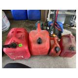 RED PLASTIC GAS CANS W/ 2 CYCLE, NO ETHENOL GAS.