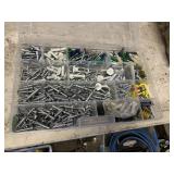 CLEAR PLASTIC ORGANIZER BOX, ASSORTED FASTENERS,