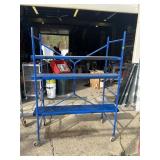 BLUE METAL MOBILE WORK PLATFORM, ROLLING CASTERS,