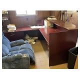 MAHOGANY-TONE L-SHAPED RECEPTION DESK, CURVED