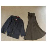 BLACK FLARED DRESS, NAVY BUTTON-UP CARDIGAN,