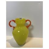 YELLOW-GREEN ART GLASS AMPHORA VASE W/ ORANGE