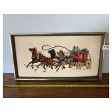 VINTAGE FRAMED EMBROIDERY STAGECOACH ART,