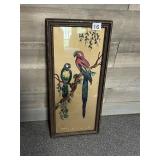 FRAMED ENAMELED GLASS ART, TROPICAL PARROTS, GOLD
