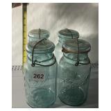 BALL IDEAL CANNING JARS, VTG AQUA GLASS, WIRE