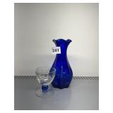 COBALT BLUE RUFFLED GLASS VASE, ETCHED CORDIAL