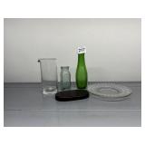 ASSORTED GLASSWARE, CLEAR GLASS PITCHER, BLUE