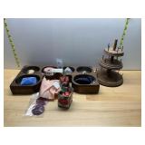 WOODEN SEWING ORGANIZERS W/ VTG NOTIONS, THREAD