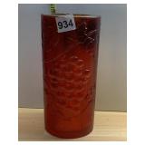 RED ART GLASS CYLINDRICAL VASE W/ EMBOSSED GRAPE