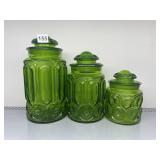 GREEN PRESSED GLASS CANISTER JARS W/ LIDS, MOON