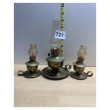METAL BASE OIL LAMPS W/ GLASS CHIMNEYS, CARRY