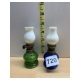 OIL LAMPS, COLORED GLASS BASES, MILK GLASS