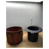 BLACK PLASTIC TOP HAT, DECORATIVE WOODEN DRUM