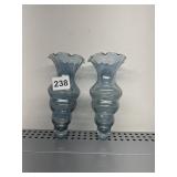 SMOKY BLUE HAND-BLOWN GLASS VASES, RUFFLED RIM,
