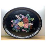 BLACK OVAL SERVING TRAY, HAND-PAINTED FLORAL