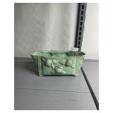 PLANTER, LIGHT GREEN GLAZE, EMBOSSED ROSE DECOR.