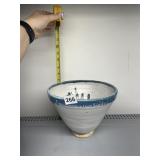ARTISAN CERAMIC BOWL, WHITE, BLUE RIM, DARK GLAZE