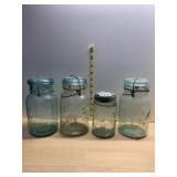 ATLAS, BALL VTG BLUE GLASS MASON JARS, WIRE BAIL.