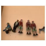 VTG PAINTED CAST METAL FIGURES, MEN & DOG (5).