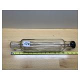 VTG CLEAR GLASS ROLLING PIN SHAPED BOTTLE W/ CAP.