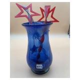 BLUE ART GLASS VASE W/ RED STAR DECORATIONS,