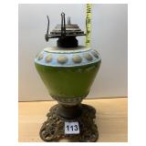 QUEEN OIL LAMP, ORNATE METAL BASE, PAINTED GREEN