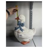 GLAZED CERAMIC GOOSE COOKIE JAR W/ BLUE BOW.