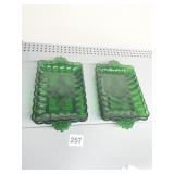 GREEN PRESSED GLASS RECTANGULAR TRAYS, SCALLOPED