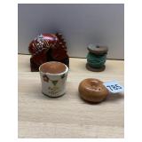 WOODEN SPOOL W/ GREEN THREAD, HAND-PAINTED WOODEN