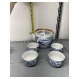 BLUE & WHITE PORCELAIN TEAPOT W/ WICKER HANDLE &