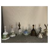ASSORTED DECORATIVE BELLS, PORCELAIN, GLASS,
