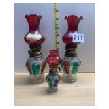MINIATURE OIL LAMPS (3), HAND MADE GLASS,