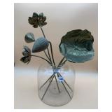 BRASS LOTUS FLOWER CENTERPIECE, GLASS VASE.