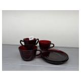 RUBY RED GLASS CUPS AND SAUCERS.