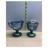 IRIDESCENT CARNIVAL GLASS SUGAR AND CREAMER SET,