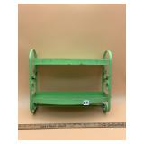 VINTAGE GREEN METAL TWO-TIER WALL SHELF, SCROLLED