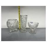 PRESSED GLASS VASE, THREE-FOOTED BOWL, FOOTED