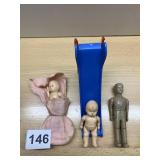 VTG BISQUE BABY DOLLS, PLASTIC MALE FIGURE, TOY